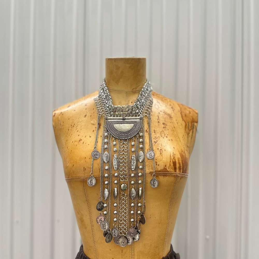 Silver Long Layered chocker Coin Necklace